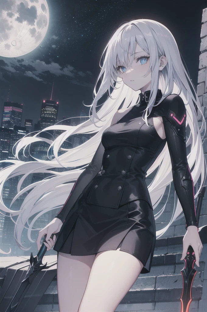 ((masterpiece)), ((best quality)), ((best illustration)), ((ultra-detailed)),((photorealistic color)), 1 lady, solo, ager, absurdly long hair, silver hair, straight hair, ((blue eyes)), ((hyper detailed eyes)), ((hyper detailed face)), gloomy face, ((holding cybernetic spear)), lonely, looking at viewer, business suit, off shoulder, sleeveless, ((miniskirt)), bare legs, thin body, thin arms, long arms, standing, cowboy shot, side view, rooftop, skyline, urban, night, moonlight, backlight