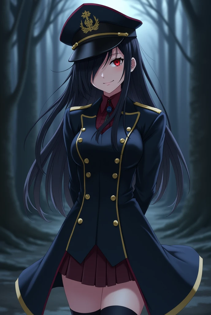 uniform、Long coat、Long Black Hair、Red eyes、Military hat、The hat covers one eye、Anime Style、woman、15 years old、Too much exposure、The background is a dark forest.、Colonel-level rank、Suspicious Smile、my hands are clasped behind my back、mini skirt、Knee-high socks