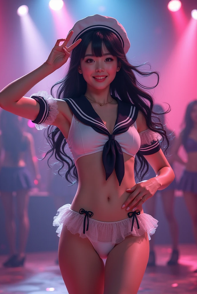 A young, extremely beautiful woman, dancing on stage, smiling, sweating:1.6, wearing a semi-transparent sailor uniform bodysuit:1.5, ribbons, sailor hat, member of an idol group, left hand on her waist, right hand in a two-finger salute gesture, Beautiful exquisitely detailed body and face, ideal figure, big breasts, tight waist, beautiful navel, detailed thighs, beautifully detailed eyes, beautifully detailed mouth, flowing black hair, (best quality,4k,8k,highres,masterpiece:1.2),ultra-detailed,(realistic,photorealistic,photo-realistic:1.37), (anatomically correct body structure), intricate details, dynamic pose, dramatic lighting, vibrant colors, stage performance, idol aesthetic, expressive face, detailed clothing textures, emotional expression