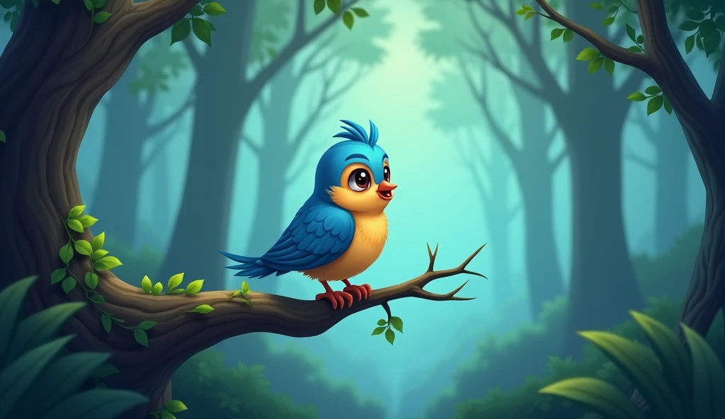 Cartoon bird on a tree branch in sad enchanted forest, bird_Nature, cute anthropomorphic bird, Birdie, Portrait of a bird, blue bird, cute cartoon character, anthropomorphic bird, official art, art of mobile games