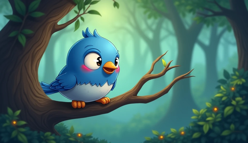 Cartoon bird on a tree branch in sad enchanted forest, bird_Nature, cute anthropomorphic bird, Birdie, Portrait of a bird, blue bird, cute cartoon character, anthropomorphic bird, official art, art of mobile games