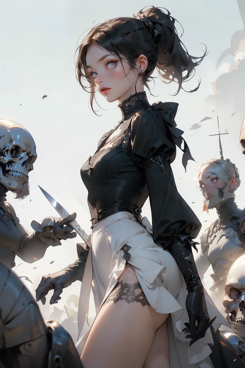 (((masterpiece, of the highest quality, super detailed))), (digital art), (a witch belonging to an occult order of knights), (a knight crossed with a witch), Victorian era inspired, ((minimal but intricate beautiful armour)), (Fluttering lace flared dress with frilly petticoats), ((Bloodbourne inspired)), ((Bloodbourne crossed with nier automata)), (big forhead:1.2), (((dark hair, ponytail, thick ponytail, heavy ponytail))), (((Very sharp focused eyes))), ((small breasts)), very long eyelashes, occult aesthetic, (red and white clothing detailed and intricate steampunk and detailed gothic), (with a hood), complex lace boots,