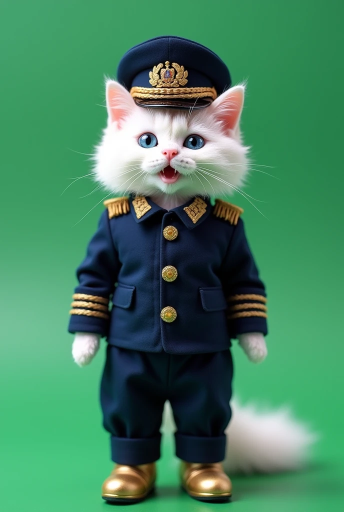 8 K (masterpiece), ((top quality)), (super detailed), White fluffy cat, like an ermine, with blue doll eyes,black eyelashes, Mouth open in a smile, standing on its hind legs, dressed in a pilot's uniform,in a dark blue suit buttoned with four gold buttons in two rows, The jacket's square lapels extend into a stand-up collar, there are slit pockets on the sides, one-seam sleeves in exact, on the bottom there is a gold gallon in four rows near the wrist with four buttons, classic straight cut trousers with creases, the length reaches, front zip fastening, pilot's cap worn on the head, The top of the cap is made of blue fabric. Two rows of gold twisted cord run over the visor, blue trim, rigid frame, woven gold cord, The headwear is complemented by a brim and a cockade with the symbols of Russian aviation, Gold Shoes, on a pure green background, chroma key,