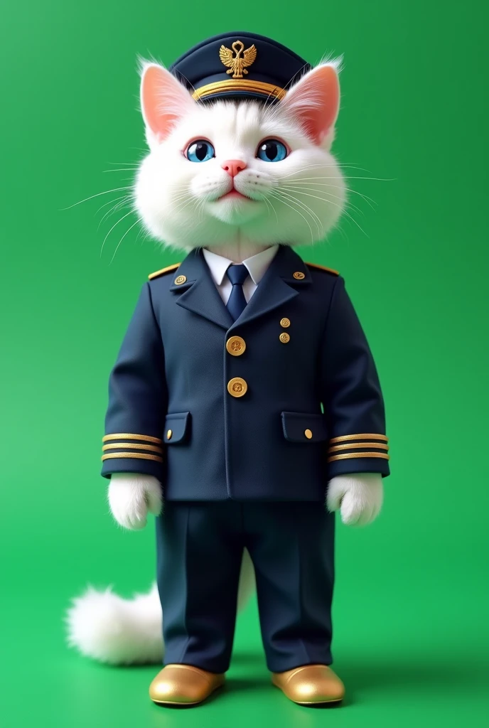 8 K (masterpiece), ((top quality)), (super detailed), White fluffy cat, like an ermine, with blue doll eyes,black eyelashes, Mouth open in a smile, standing on its hind legs, dressed in a pilot's uniform,in a dark blue suit buttoned with four gold buttons in two rows, The jacket's square lapels extend into a stand-up collar, there are slit pockets on the sides, one-seam sleeves in exact, on the bottom there is a gold gallon in four rows near the wrist with four buttons, classic straight cut trousers with creases, the length reaches, front zip fastening, pilot's cap worn on the head, The top of the cap is made of blue fabric. Two rows of gold twisted cord run over the visor, blue trim, rigid frame, woven gold cord, The headwear is complemented by a brim and a cockade with the symbols of Russian aviation, Gold Shoes, on a pure green background, chroma key,
