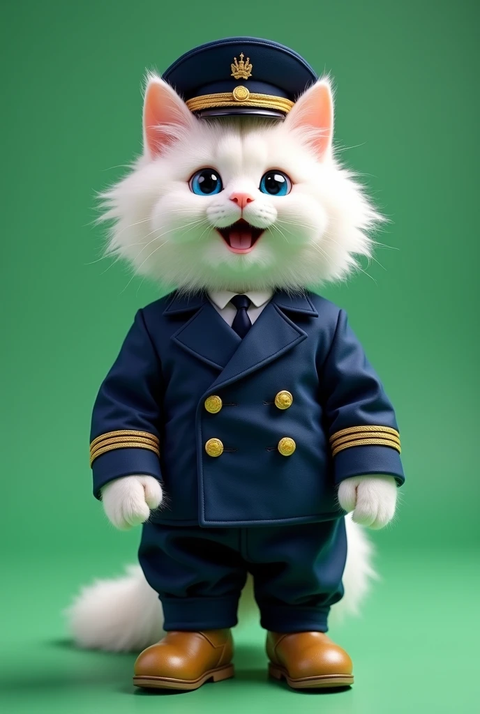 8 K (masterpiece), ((top quality)), (super detailed), White fluffy cat, like an ermine, with blue doll eyes,black eyelashes, Mouth open in a smile, standing on its hind legs, dressed in a pilot's uniform,in a dark blue suit buttoned with four gold buttons in two rows, The jacket's square lapels extend into a stand-up collar, there are slit pockets on the sides, one-seam sleeves in exact, on the bottom there is a gold gallon in four rows near the wrist with four buttons, classic straight cut trousers with creases, the length reaches, front zip fastening, pilot's cap worn on the head, The top of the cap is made of blue fabric. Two rows of gold twisted cord run over the visor, blue trim, rigid frame, woven gold cord, The headwear is complemented by a brim and a cockade with the symbols of Russian aviation, Gold Shoes, on a pure green background, chroma key,