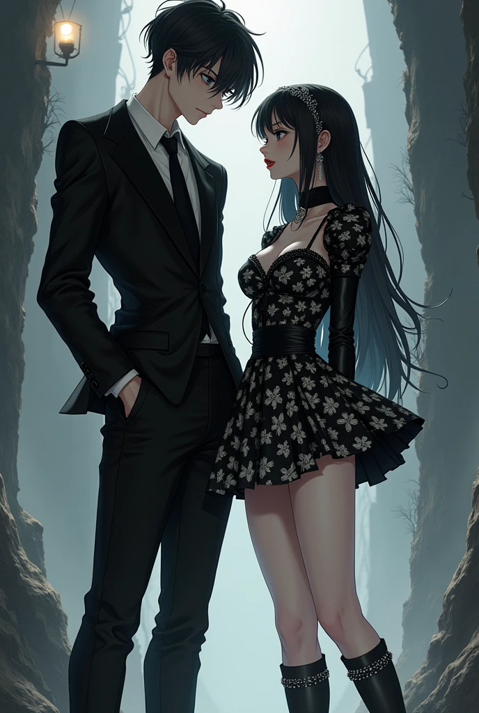 Goth couple, boy and girl. Man in black suit and white pants. Girl in black and white mini dress . Anime