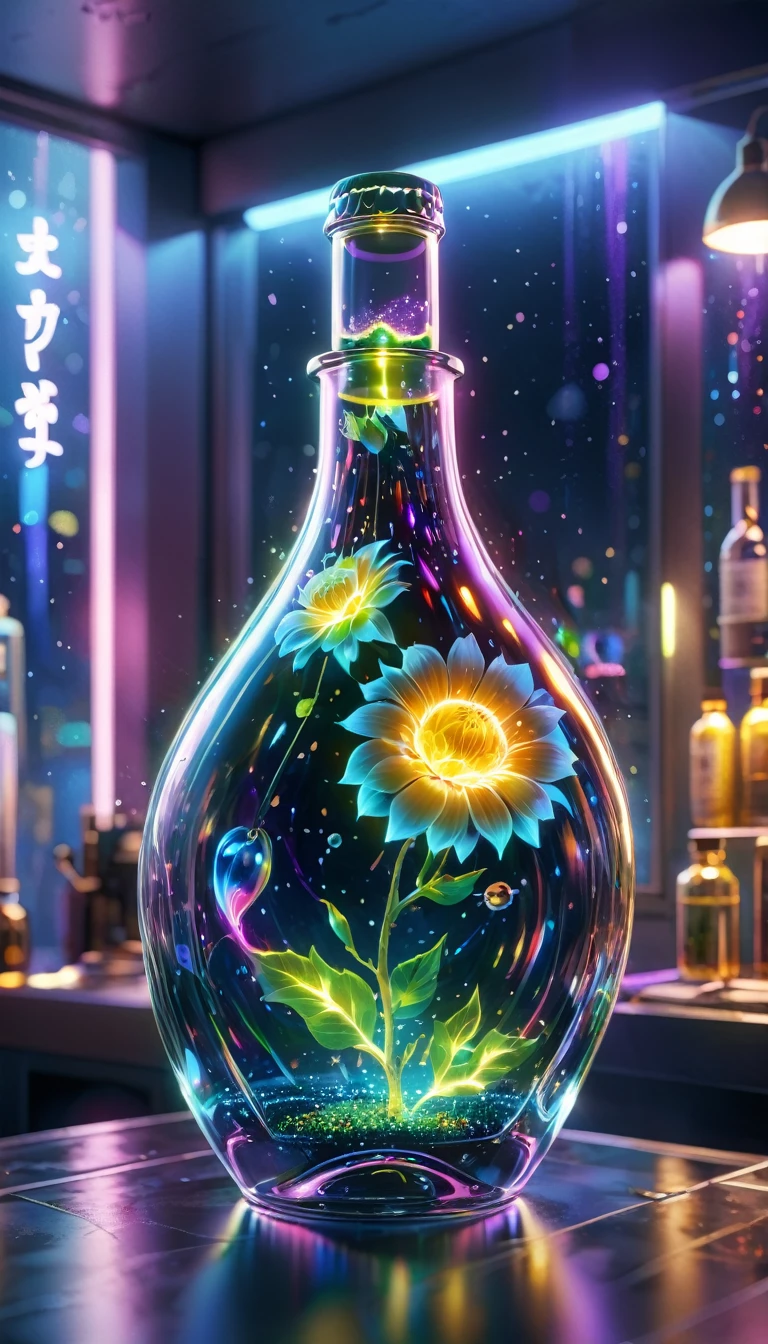 (masterpiece, Highest quality, Very detailed:1.2, Realistic, super photoRealistic, Realistic illustration, 8k), Professional Color Grading, Sharp focus, Professional Lighting, Depth of written boundary, ((landscape)), ((Science fiction movies)), ((Concept Art)) Bottle close-up, A rainbow-coloured world in a bottle、Glitter and shine、City in a glass bottle, filling glass bottle with the sparkling 星が輝く夜 and city, filling glass bottle with the 日没 view, Many glass bottles on the shelf, The shelves are kept in the house, 16K, Ultra-high resolution, Ultra-high resolution, to be born,wonderful ,future、Iridescent、The world 30 years from now。
