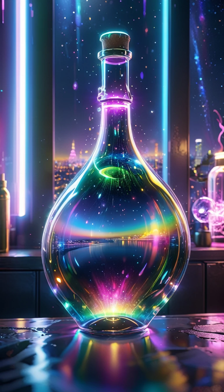 (masterpiece, Highest quality, Very detailed:1.2, Realistic, super photoRealistic, Realistic illustration, 8k), Professional Color Grading, Sharp focus, Professional Lighting, Depth of written boundary, ((landscape)), ((Science fiction movies)), ((Concept Art)) Bottle close-up, A rainbow-coloured world in a bottle、Glitter and shine、City in a glass bottle, filling glass bottle with the sparkling 星が輝く夜 and city, filling glass bottle with the 日没 view, Many glass bottles on the shelf, The shelves are kept in the house, 16K, Ultra-high resolution, Ultra-high resolution, to be born,wonderful ,future、Iridescent、The world 30 years from now。