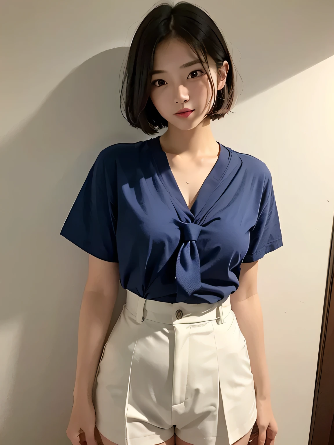 　(Highest quality、8k、32K、masterpiece、Hmph:1.2)、(masterpiece, Highest quality), Realistic photos, high school girl、17 years old、Short Bob Cut、Instagram, Bright colors, High Dynamic Contrast, Slender figure、thin、Small, shapely breasts、One girl, Gray Hair, Purple eyes, Lips parted, blush, compensate, A light smile, Red tie、White short-sleeved shirt、sexy、Navy blue exy、Sweat, Wet, light, Shine,  Tight waist, (masterpiece), wallpaper,