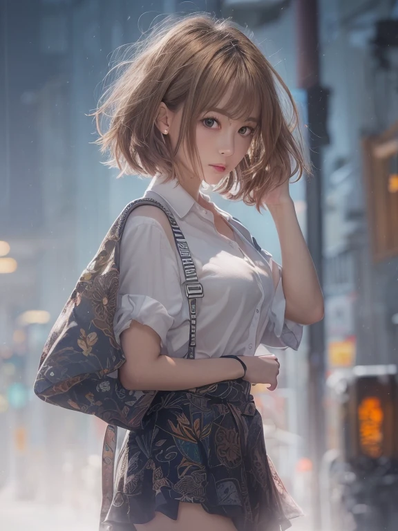 ((Highest quality)), ((masterpiece)), (detailed), ((Highest quality))、RAW、4K、High resolution、Perfect Face, Japanese、28 years old、female、short hair、Bob Hair、light light brown hair、Perfect Anatomy、Anatomically correct body、White collared shirt、It's raining heavily、Soaking wet、Sad face、The body is wet from the rain、Cityscape、