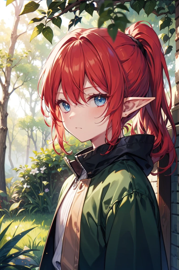 Elf , Red hair,individual, blue eyes, ponytail, pointy-eared, woods, cartoon, 1boy, Druid, Savage Costume

