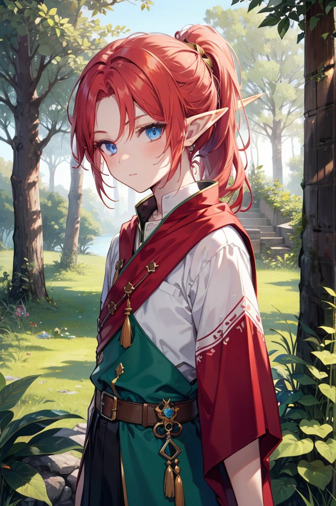 Elf , Red hair,individual, blue eyes, ponytail, pointy-eared, woods, cartoon, 1boy, Druid, Savage Costume