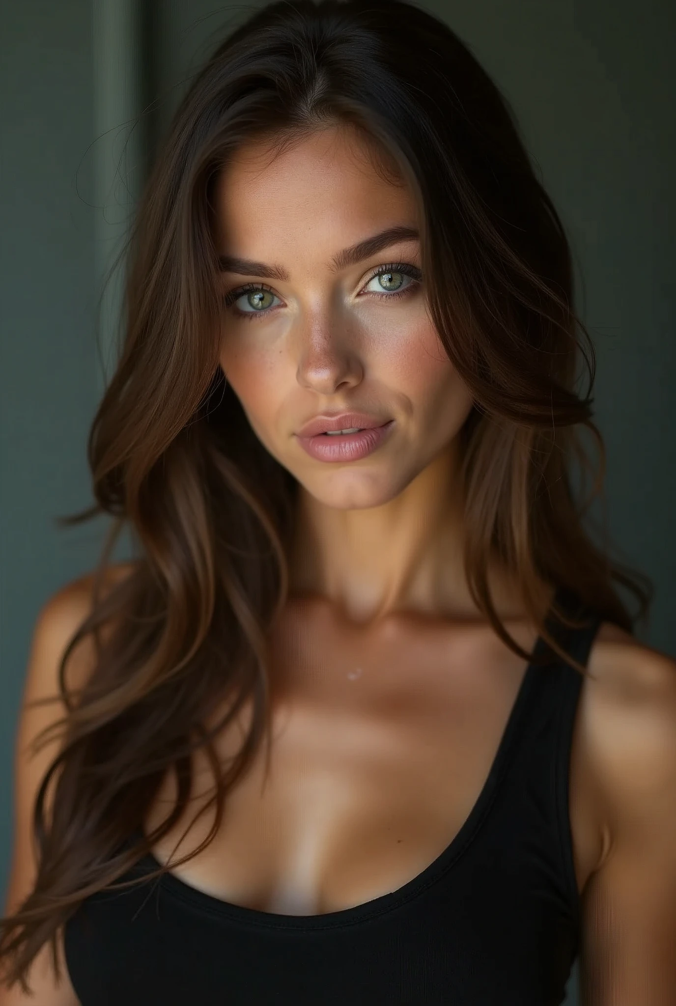 25 year old brunette woman, tall with intense eyes
