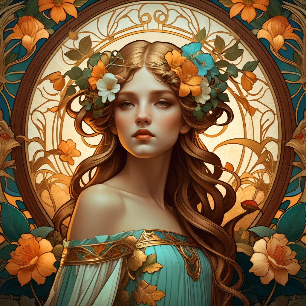 old (Masterpiece, Best Quality, Highres:1.2) Art Nouveau Style Beautiful Woman with Long Hair Shaped as Flowers in the Style of Alphonse Mucha, portrait of a beautiful cute, very beautiful, standing artistically, realistic natural, professional light distribution, very artistic lighting gradation, artistic detail, highly detailed, centered, Nymph-pattern vintage wallpaper with dramatic backlighting casting deep shadows, featuring a meticulously crafted illustration inspired by Dan Mumford and Alphonse Mucha, hyper-realistic and photorealistic textures, extremely detailed with intricate floral and foliage elements, octane rendered in 8K (extremely detailed 8k wallpaper), Golden ratio, hidden ancient Greek symbols (, Spiral), balanced design, color harmony, Vernis Martin, golden, ancient mythology, artistically twisted edges, reminiscent of old-world craftsmanship with a contemporary edge, volumetric lighting, ultra fine details
