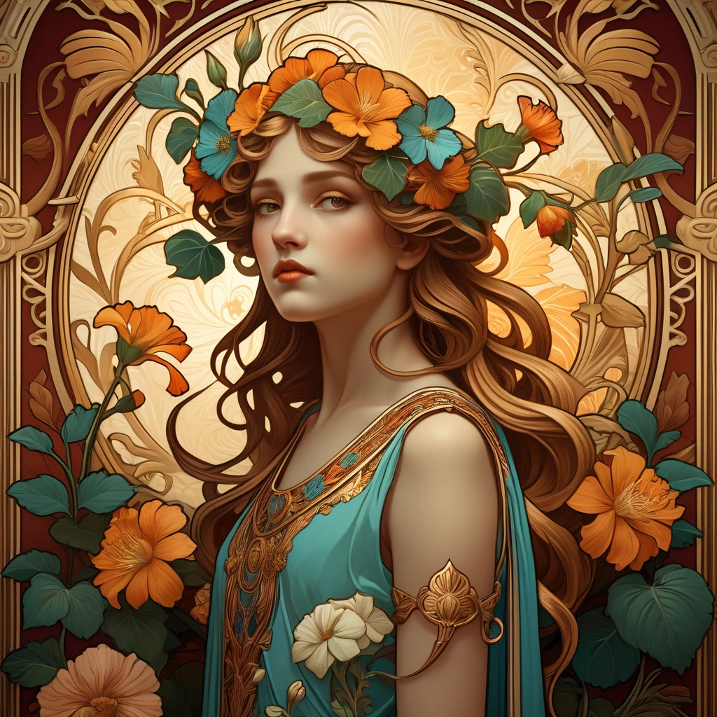 old (Masterpiece, Best Quality, Highres:1.2) Art Nouveau Style Beautiful Woman with Long Hair Shaped as Flowers in the Style of Alphonse Mucha, portrait of a beautiful cute, very beautiful, standing artistically, realistic natural, professional light distribution, very artistic lighting gradation, artistic detail, highly detailed, centered, Nymph-pattern vintage wallpaper with dramatic backlighting casting deep shadows, featuring a meticulously crafted illustration inspired by Dan Mumford and Alphonse Mucha, hyper-realistic and photorealistic textures, extremely detailed with intricate floral and foliage elements, octane rendered in 8K (extremely detailed 8k wallpaper), Golden ratio, hidden ancient Greek symbols (, Spiral), balanced design, color harmony, Vernis Martin, golden, ancient mythology, artistically twisted edges, reminiscent of old-world craftsmanship with a contemporary edge, volumetric lighting, ultra fine details
