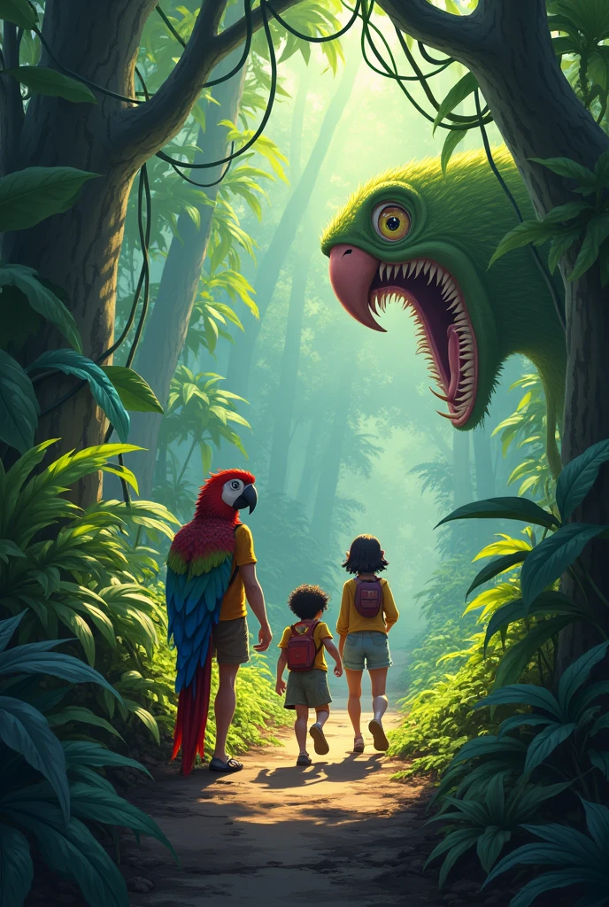As they advanced through the forest, they encountered talking and enchanting animals. first, They knew Aunt Jandira, a macaw with bright feathers who knew all about the plants of the region. With the help of Aunt Jandira, Pedro and Laura avoided a carnivorous plant and discovered a secret trail.