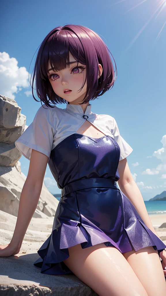 Anime 3D style, hyper-realistic, best quality, 1girl, solo, A charming teenage Asian girl with high detailed of eyes, looking up at the sky, pink lips, short straight hair, brown hair, bob cut,swept bangs, purple eyes, super details, purple and blue dress, she sitting and cry, CG animation, in the style of otherworldly, soggy, sparklecore, spiky mounds, puffy shine, i can't believe how beautiful this is, light orange and dark blue, magical with a cute dragon.