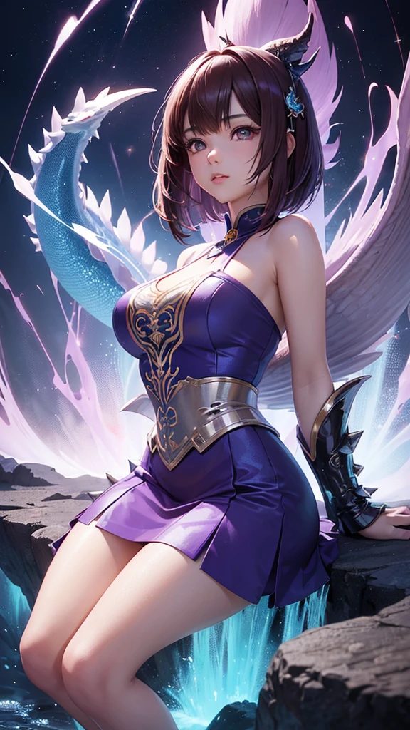 Anime 3D style, hyper-realistic, best quality, 1girl, solo, A charming teenage Asian girl with high detailed of eyes, looking up at the sky, pink lips, short straight hair, brown hair, bob cut,swept bangs, purple eyes, super details, purple and blue dress, she sitting and cry, CG animation, in the style of otherworldly, soggy, sparklecore, spiky mounds, puffy shine, i can't believe how beautiful this is, light orange and dark blue, magical with a cute dragon. 