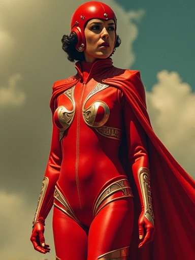 A female Flash Gordon character depicted in a form-fitting red outfit that blends 1930s Art Deco elegance with futuristic flair, featuring a metallic bodysuit adorned with sharp, angular patterns and bold, geometric accessories. Her look is completed with a dramatic, high-collared cape and a sleek helmet, combining the adventurous spirit of sci-fi with the luxurious, streamlined style of the Art Deco era