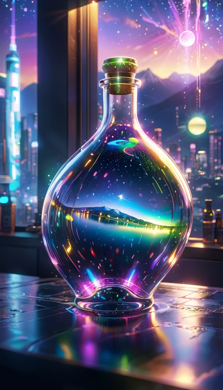 (masterpiece, Highest quality, Very detailed:1.2, Realistic, super photoRealistic, Realistic illustration, 8k), Professional Color Grading, Sharp focus, Professional Lighting, Depth of written boundary, ((landscape)), ((Science fiction movies)), ((Concept Art)) Bottle close-up, A rainbow-coloured world in a bottle、Glitter and shine、City in a glass bottle, filling glass bottle with the sparkling 星が輝く夜 and city, filling glass bottle with the 日没 view, Many glass bottles on the shelf, The shelves are kept in the house, 16K, Ultra-high resolution, Ultra-high resolution, to be born,wonderful ,future、Iridescent、The world 30 years from now。