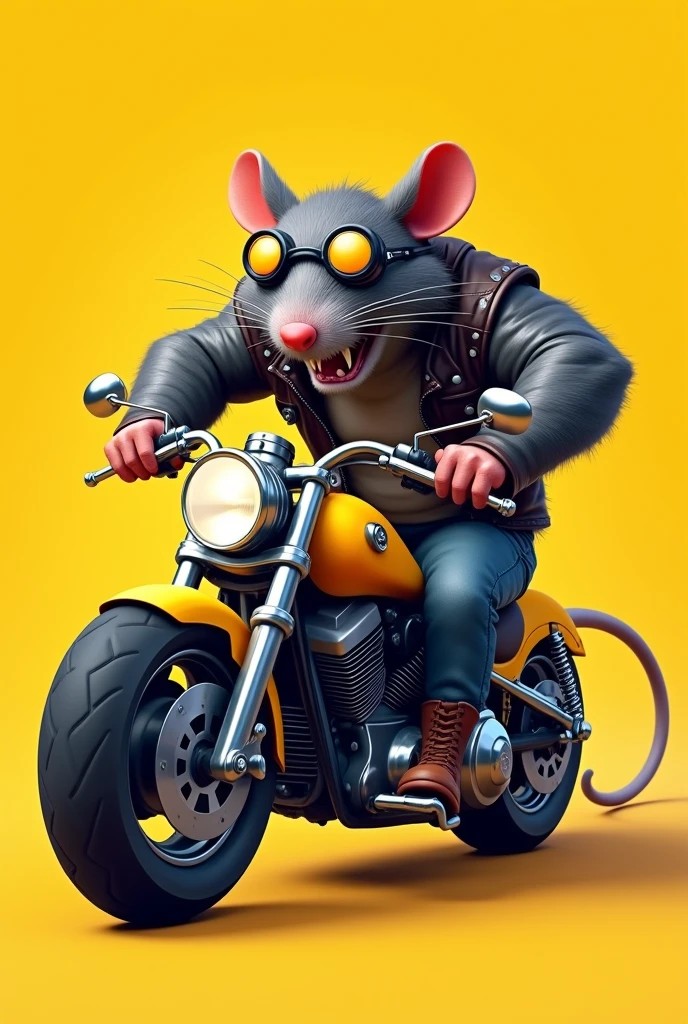 Muscular rat on a yellow motorcycle