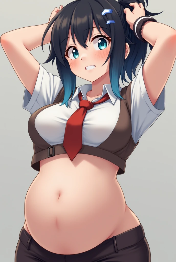 crop top, (gradient hair), black hair, blue hair, short hair, blue eyes, yelendef
BREAK (brown vest, shirt, hair ornament, , white shirt, ponytail, short sleeves, necktie, scrunchie, red necktie:1.2),
BREAK curvy body, facing viewer, sweaty, gorgeous, arms up, straddling, smiling, ((arm warmer)),
BREAK (masterpiece:1.2), best quality, high resolution, unity 8k wallpaper, (illustration:0.8), (beautiful detailed eyes:1.6), extremely detailed face, perfect lighting, extremely detailed CG, (perfect hands, perfect anatomy), huge belly, massive belly, enormous belly, gigantic belly