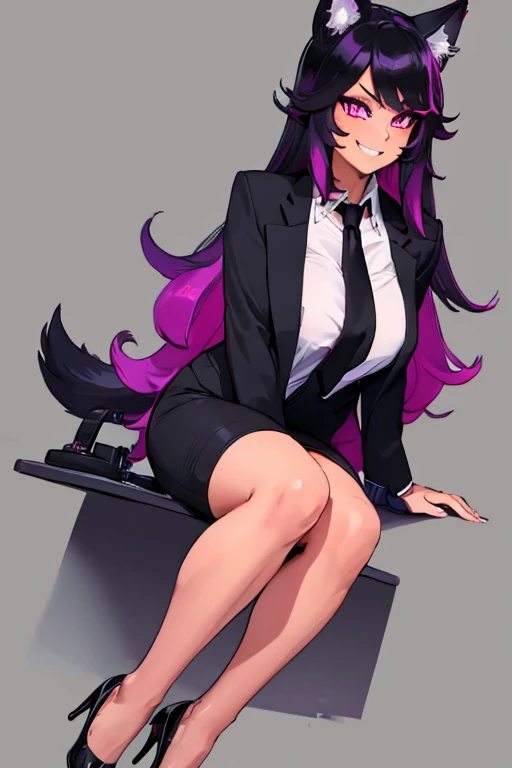 female, black long hair with magenta trim, silver eyes, wolf ears, wolf tail, (((1girl))), (((black business suit))), (magenta dress shirt), (black necktie), cute and sexy, full body, large breasts, long legs, smiling