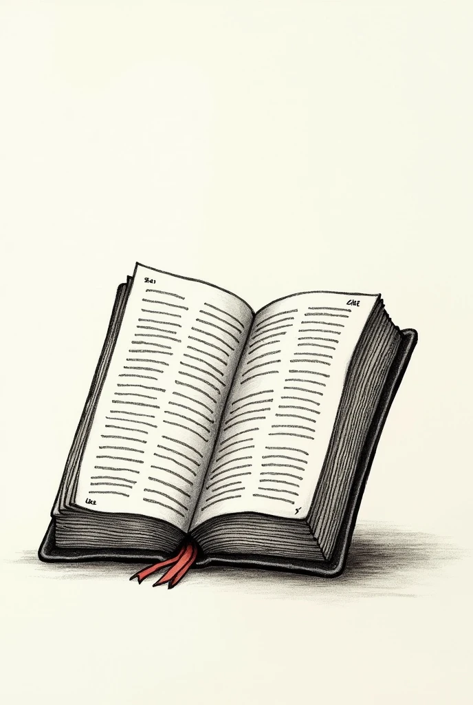 Drawing of an illustration of the Bible standing upright, zooming in on a portion of the text.