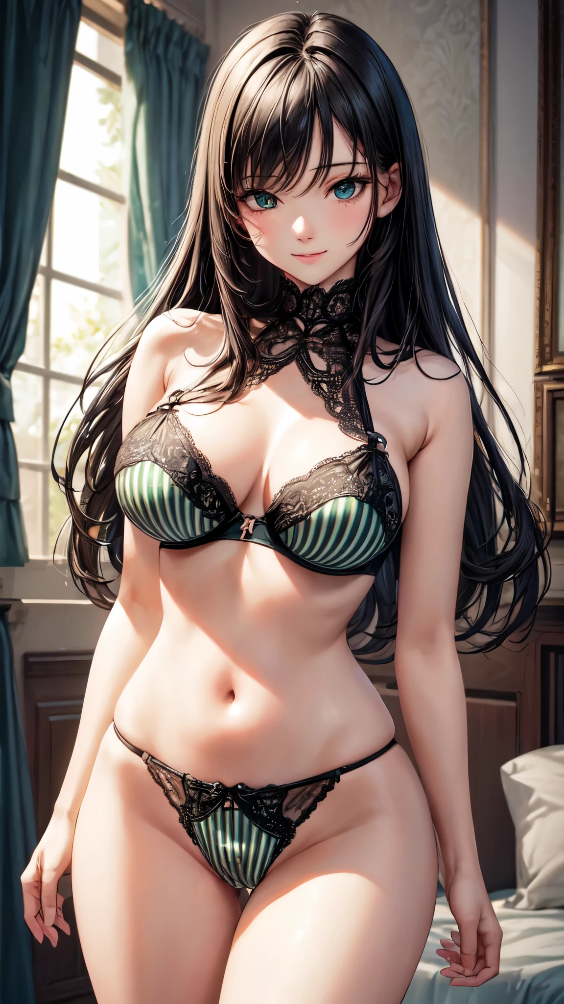 nsfw,((masterpiece,best quality,ultra detailed,high resolution)),((solo)),(bloom,cowboy shot),(beautiful-girl),looking viewer,light-smile,(black hair,straight hair,medium hair),(beautiful detailed face,beautiful detailed eyes),(finely detailed skin),(slender,big breast,big hip),(green striped pattern bra, striped pattern panties),on the simple room,cameltoe,