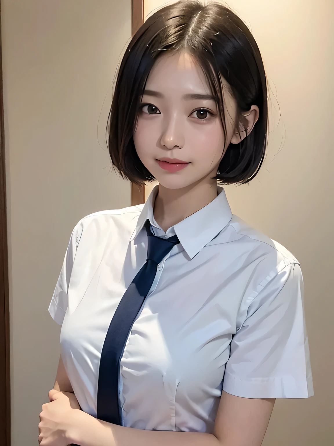 　(Highest quality、8k、32K、masterpiece、Hmph:1.2)、(masterpiece, Highest quality), Realistic photos, high school girl、、Short Bob Cut、Instagram, Bright colors, High Dynamic Contrast, Slender figure、thin、Small, shapely breasts、One girl, Gray Hair, Purple eyes, Lips parted, blush, compensate, A light smile, Red tie、White short-sleeved shirt、sexy、Navy blue exy、Sweat, Wet, light, Shine,  Tight waist, (masterpiece), wallpaper,