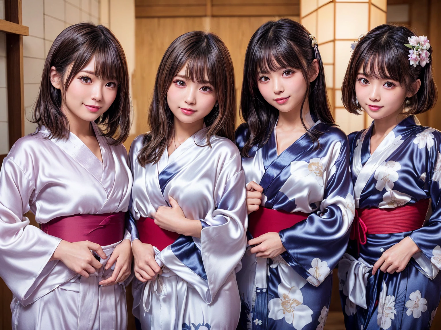 NSFW, ((masterpiece)), ((highest quality)), (Super detailed), ((cute)), cute, (Multi-point), ((sexy)), (device), ((very detailed)), 4k, (8k), highest quality, (beautiful), hyper cute face, shape, anime style,hyper genuineistic, genuine, dynamic angle, ((whole body)), close, thick outline, clear outline, on stage, (three girls, 3 cute girls:1.5), (SILK sexy japanese yukata costume:1.5), beautiful light brown hair, beautiful brown eyes, ((beautiful eyes)), (slouch, cleavage ), short hair, big breasts, smile