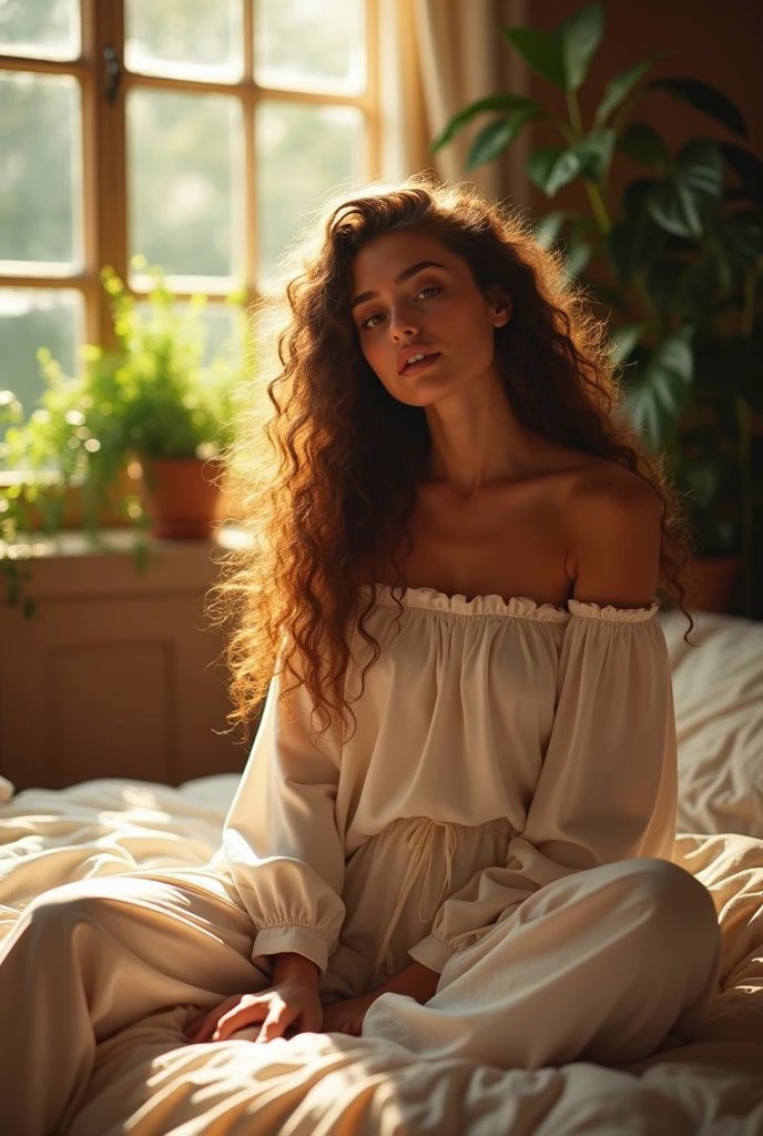 (photorealism:1.2), beautiful woman, sitting on bed, wearing loose off-shoulder top, pajama pants, long curly hair, indoors, soft lighting, plants in background, window with sunlight, cozy room, relaxed pose, realistic, intricate details, warm colors, by Greg Rutkowski, by Alphonse Mucha