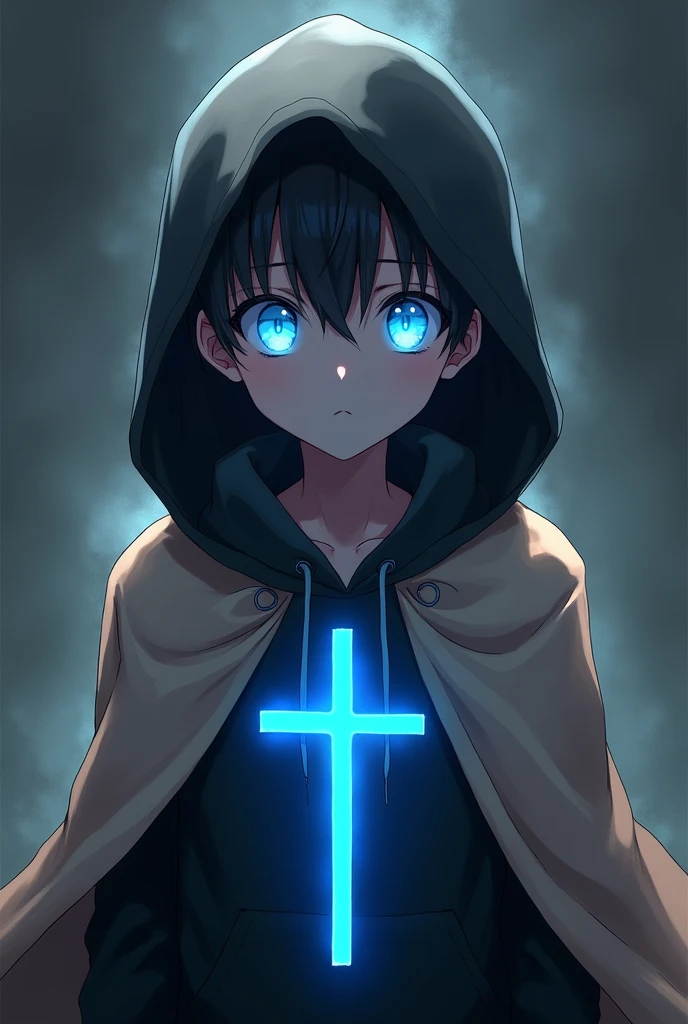 Anime boy wears a black hoodie and has a glowing upside down light blue cross on it. He has glowing blue eyes and wears a light be cape