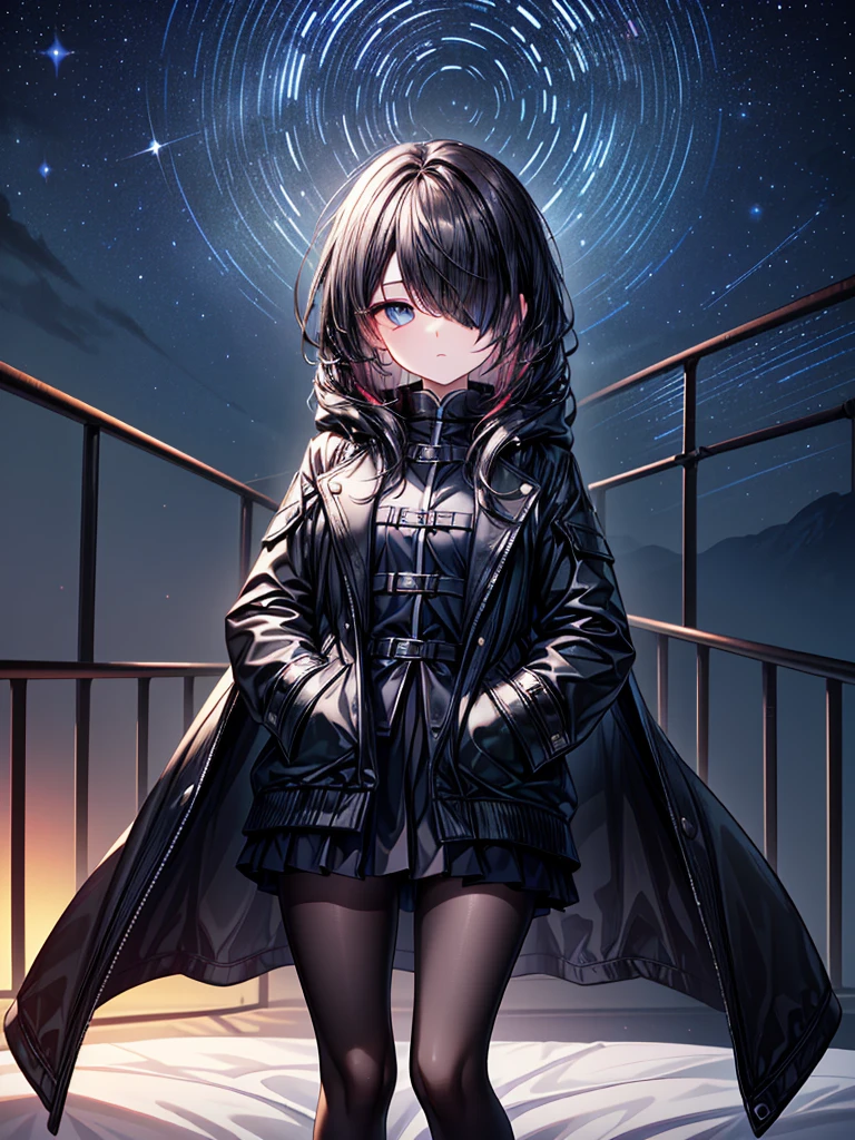 ((Oriental Project)),((masterpiece)),((Highest quality)),((Fascinating)),((alone)),((Deep blue pupils)),((Beautiful Blue Eyes)),((Wearing a black coat)),((Wearing a black mini skirt,She is wearing black tights under her skirt)),((Slim legs)),((length, Shiny black hair)),((Her left eye is completely hidden by her bangs)),((Her hair is parted, and you can see her eyes through it)),((Wearing black gloves)),((hair over one eye,long hair)),,((Complex background)),((Starry night view)),(Standing on a hill)),((Put your arms in your pockets)),((lie on bed))