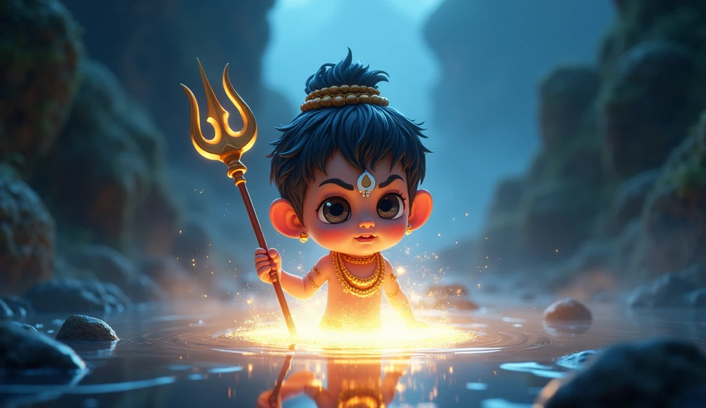 In cinematic cartoon style 3D " Birth of Nandi: Illustrate the moment when a radiant boy, resembling Lord Shiva with three eyes, matted hair, and a trident, emerges from Sage Shilad's sweat drop. The boy should appear luminous and divine. "