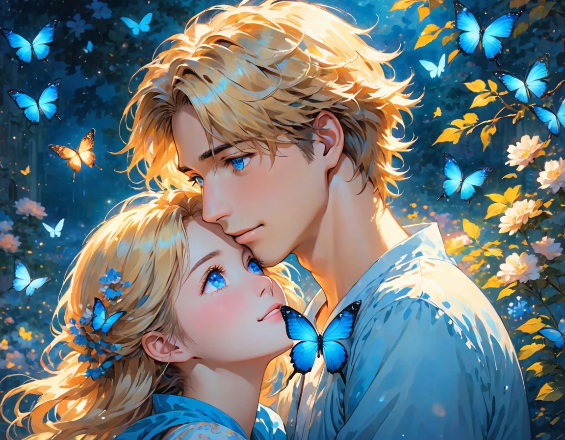 The image depicts an illustration of two animated characters, a young man and a young woman, in a close and intimate moment. The young man has short, tousled hair and is looking downwards with a gentle expression. The young woman, with long, flowing blonde hair and strikingly bright blue eyes, is gazing up at him adoringly. She has a blue erfly perched on her hair, adding a touch of whimsy to the scene. The background features soft, glowing light and blurred elements, giving the image a dreamy and romantic atmosphere. The characters are highly detailed, with a focus on their facial expressions and the tender mood between them.
