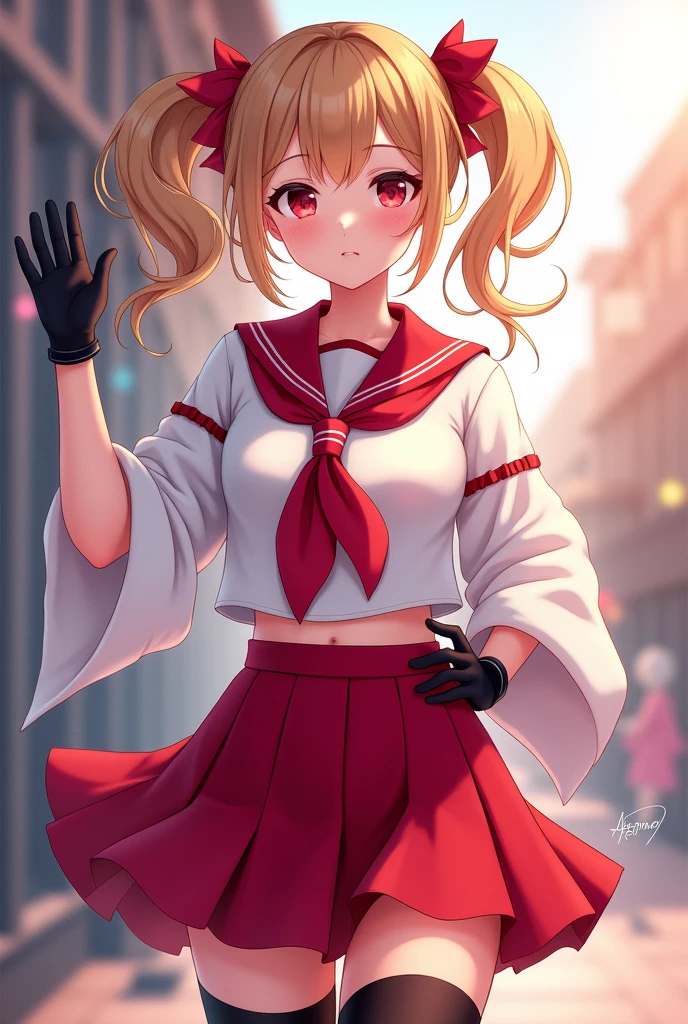 24 years old woman, Miranda, golden brown hair with two ponytails, pale skin , hat, serafuku, midriff, red neckerchief, pleated skirt, black gloves, black thighhighs, ttcolor, bokeh effect, . 