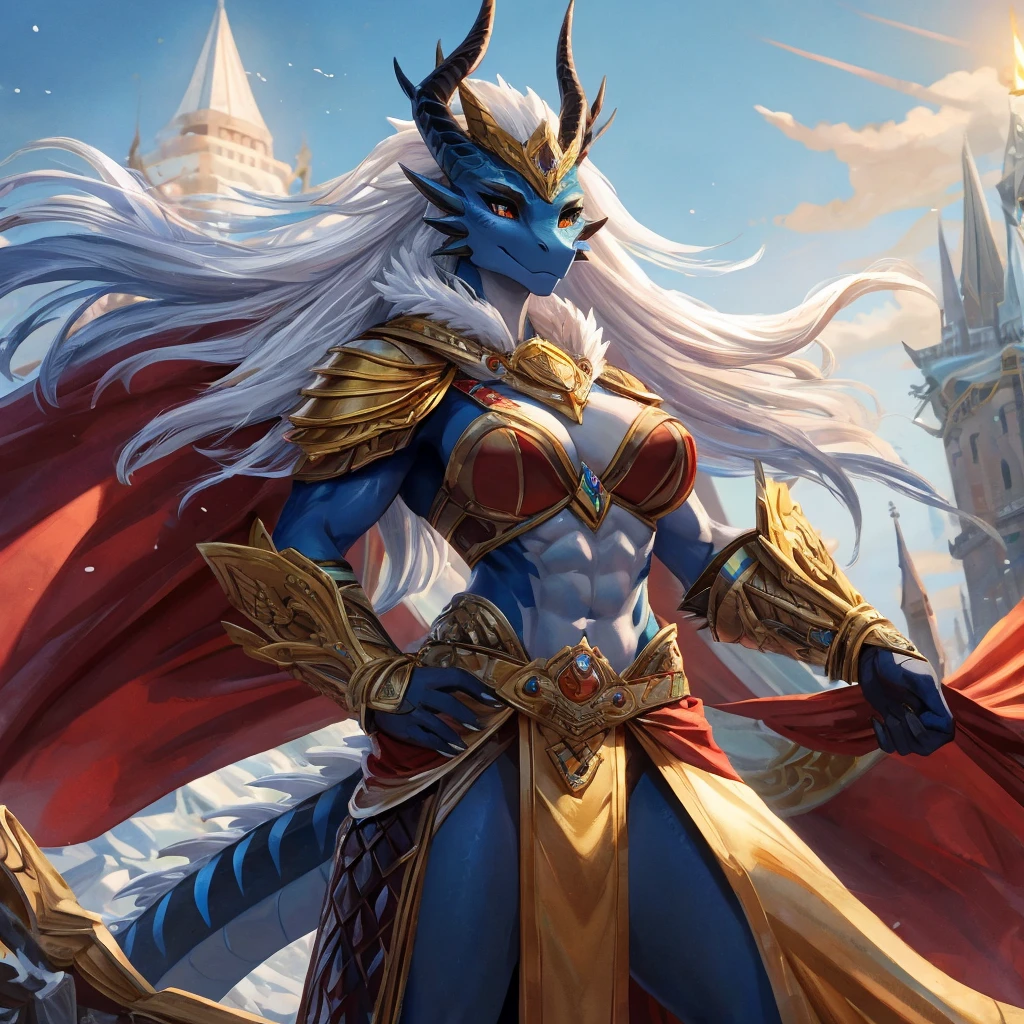 A majestic and powerful solo female Anthro ice dragon, standing proudly atop a frosty peak, her gleaming black scales contrasting sharply with the pristine white snow beneath her. Her physique is a masterful blend of draconic grace and human-like athleticism, boasting large, heavy breasts that seem almost sculpted, and wide, muscular hips that speak of strength and fertility. Her body is a symphony of abs that ripple like the contours of the ice she calls home, hinting at a formidable presence on the battlefield. Towering at 7.3 feet, she is the epitome of regal beauty and fierce determination. Adorning her is a gold plate armor, intricately designed to accentuate her curvaceous figure, with a crimson cape billowing dramatically in the icy winds of her realm. The left side of her body is left bare, showcasing her toned and scaly arm, which grasps the hilt of a black sword of the champion with confidence. A gold laurel wreath of victory sits atop her head, nestled within her long, flowing mane of white hair that cascades down her back like a river of snow. Her right eye is obscured by a stylish leather eye patch, lending an air of mystery and battle-hardened experience. Despite her fearsome appearance, there is a gentle yet commanding presence in her posture, a reminder that she is the rightful princess of the Ice Dragon Kingdom and the esteemed Commander of the Imperial Guard. Her piercing left eye, a vibrant blue that matches the sky, is focused and alert, surveying her domain with a fierce protectiveness. The scene exudes an aura of authority and valor, as the dragon stands as both a symbol of beauty and a beacon of protection for her people.