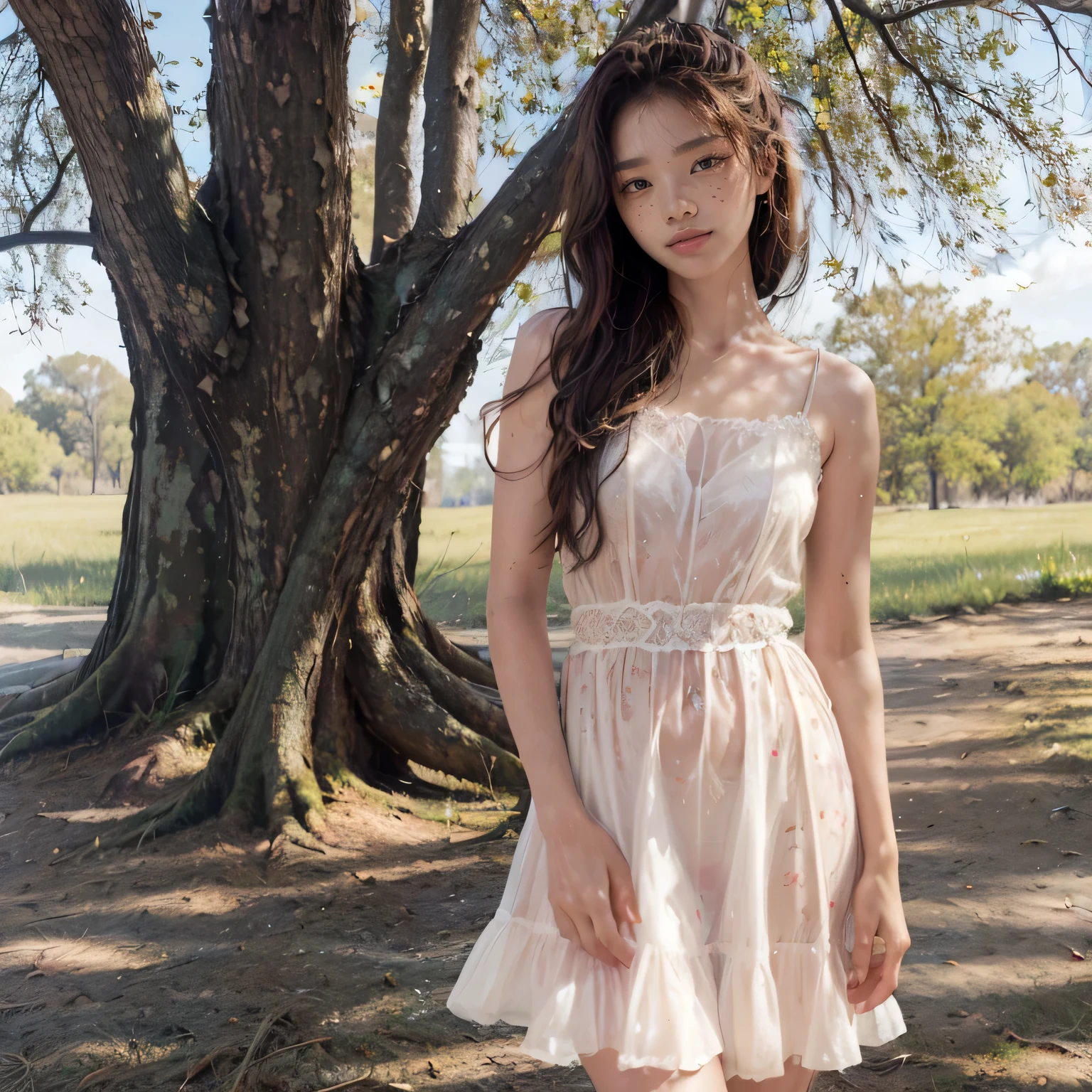 (best quality,4k,8k,highres,masterpiece:1.2),ultra-detailed,(realistic,photorealistic,photo-realistic:1.37),beautiful detailed eyes,beautiful detailed lips,extremely detailed eyes and face,longeyelashes,1 girl,portrait,fantasy landscape,magical forest,glowing fireflies,warm sunlight,dramatic lighting,vibrant colors,cinematic, cute face, pretty girl, ((smile))
