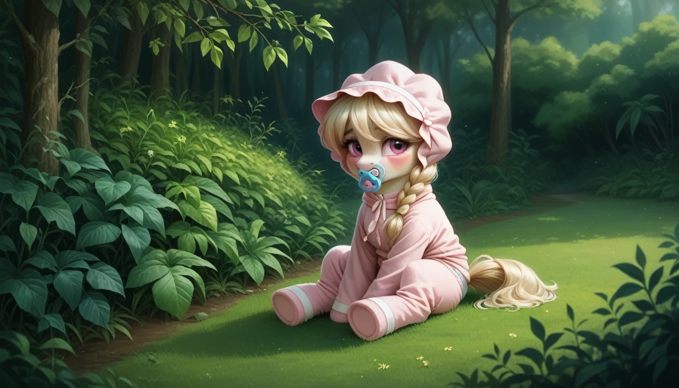 pony, beige earth pony, no horn, no wings, adult mare, lush mane braided into a braid, lush tail, sitting outside, dressed in an onesie, bonnet and booties, pacifier in mouth, solo, thick diaper under clothes, pink blush on cheeks, embarrassment, awkwardness.