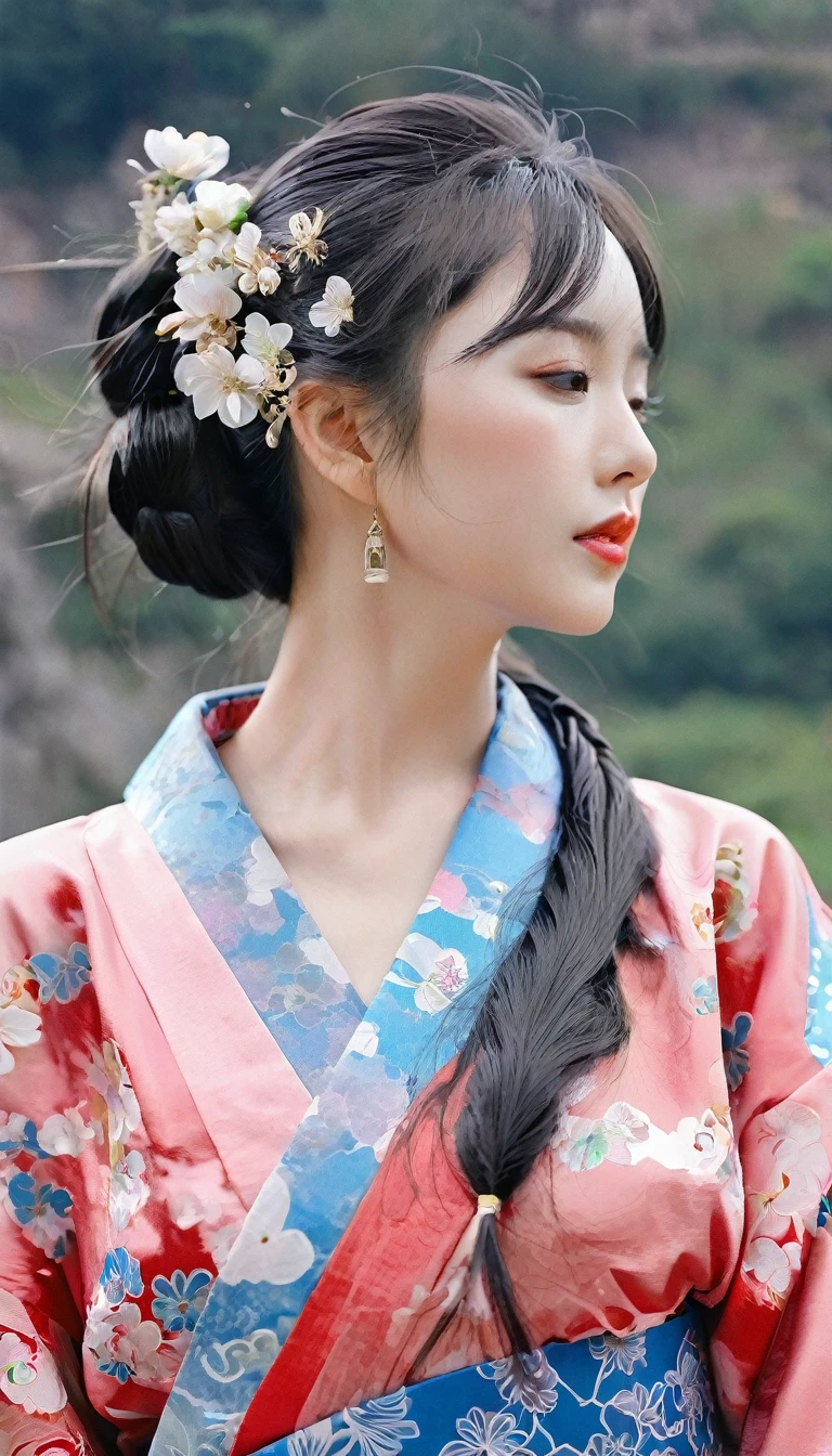 long hair、breast、Bangs、大breast、black hair、hair accessories、Long sleeve、2girls、cleavage、中等breast、close eyes、flowers、outdoor、Japanese clothing、Sky、daytime、clouds、hair flower、kimono、mole、blue sky、Lips、sash、眼睛下的mole、sash、printing、White Flowers、pink flower., Putting your hand on someone else&#39;s shoulder、Paper lanterns、Hanfu This image is a work of art，captures a quiet moment between two characters，Probably intended to evoke a sense of tranquility and historical romance。The character&#39;s clothing hints at an era background，Maybe Chinese，It can be seen from the clothing style and the presence of traditional lanterns。The use of color is subtle yet effective，Soft tones add to the dreamy quality of the scene。Intricate details and patterns hint at handcrafted elements，This is typical of traditional art forms。The overall composition has smooth lines，soft focus，Create a dynamic and ethereal beauty
