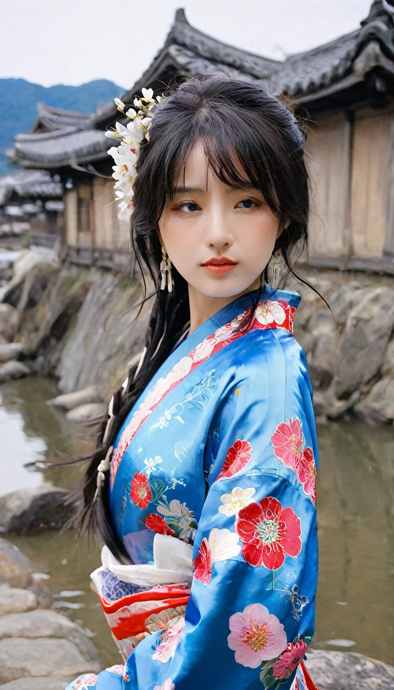 long hair、breast、Bangs、大breast、black hair、hair accessories、Long sleeve、2girls、cleavage、中等breast、close eyes、flowers、outdoor、Japanese clothing、Sky、daytime、clouds、hair flower、kimono、mole、blue sky、Lips、sash、眼睛下的mole、sash、printing、White Flowers、pink flower., Putting your hand on someone else&#39;s shoulder、Paper lanterns、Hanfu This image is a work of art，captures a quiet moment between two characters，Probably intended to evoke a sense of tranquility and historical romance。The character&#39;s clothing hints at an era background，Maybe Chinese，It can be seen from the clothing style and the presence of traditional lanterns。The use of color is subtle yet effective，Soft tones add to the dreamy quality of the scene。Intricate details and patterns hint at handcrafted elements，This is typical of traditional art forms。The overall composition has smooth lines，soft focus，Create a dynamic and ethereal beauty
