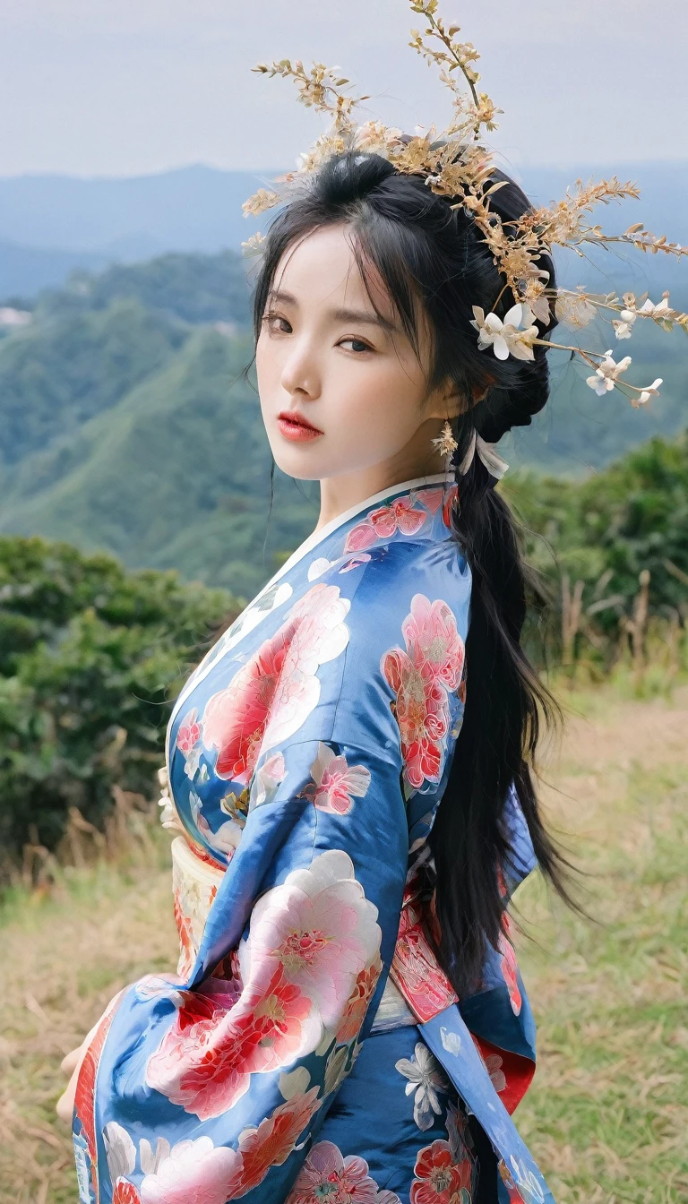 long hair、breast、Bangs、大breast、black hair、hair accessories、Long sleeve、2girls、cleavage、中等breast、close eyes、flowers、outdoor、Japanese clothing、Sky、daytime、clouds、hair flower、kimono、mole、blue sky、Lips、sash、眼睛下的mole、sash、printing、White Flowers、pink flower., Putting your hand on someone else&#39;s shoulder、Paper lanterns、Hanfu This image is a work of art，captures a quiet moment between two characters，Probably intended to evoke a sense of tranquility and historical romance。The character&#39;s clothing hints at an era background，Maybe Chinese，It can be seen from the clothing style and the presence of traditional lanterns。The use of color is subtle yet effective，Soft tones add to the dreamy quality of the scene。Intricate details and patterns hint at handcrafted elements，This is typical of traditional art forms。The overall composition has smooth lines，soft focus，Create a dynamic and ethereal beauty
