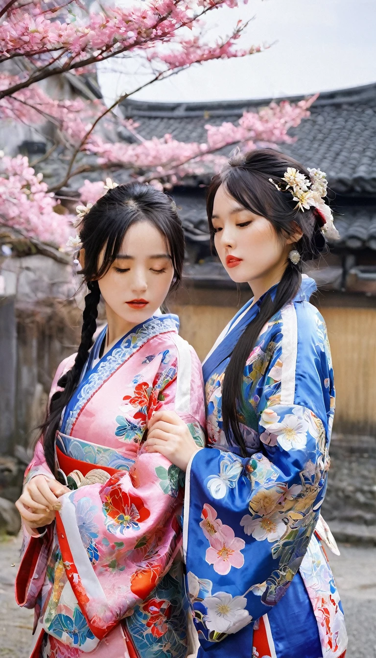 long hair、breast、Bangs、大breast、black hair、hair accessories、Long sleeve、2girls、cleavage、中等breast、close eyes、flowers、outdoor、Japanese clothing、Sky、daytime、clouds、hair flower、kimono、mole、blue sky、Lips、sash、眼睛下的mole、sash、printing、White Flowers、pink flower., Putting your hand on someone else&#39;s shoulder、Paper lanterns、Hanfu This image is a work of art，captures a quiet moment between two characters，Probably intended to evoke a sense of tranquility and historical romance。The character&#39;s clothing hints at an era background，Maybe Chinese，It can be seen from the clothing style and the presence of traditional lanterns。The use of color is subtle yet effective，Soft tones add to the dreamy quality of the scene。Intricate details and patterns hint at handcrafted elements，This is typical of traditional art forms。The overall composition has smooth lines，soft focus，Create a dynamic and ethereal beauty
