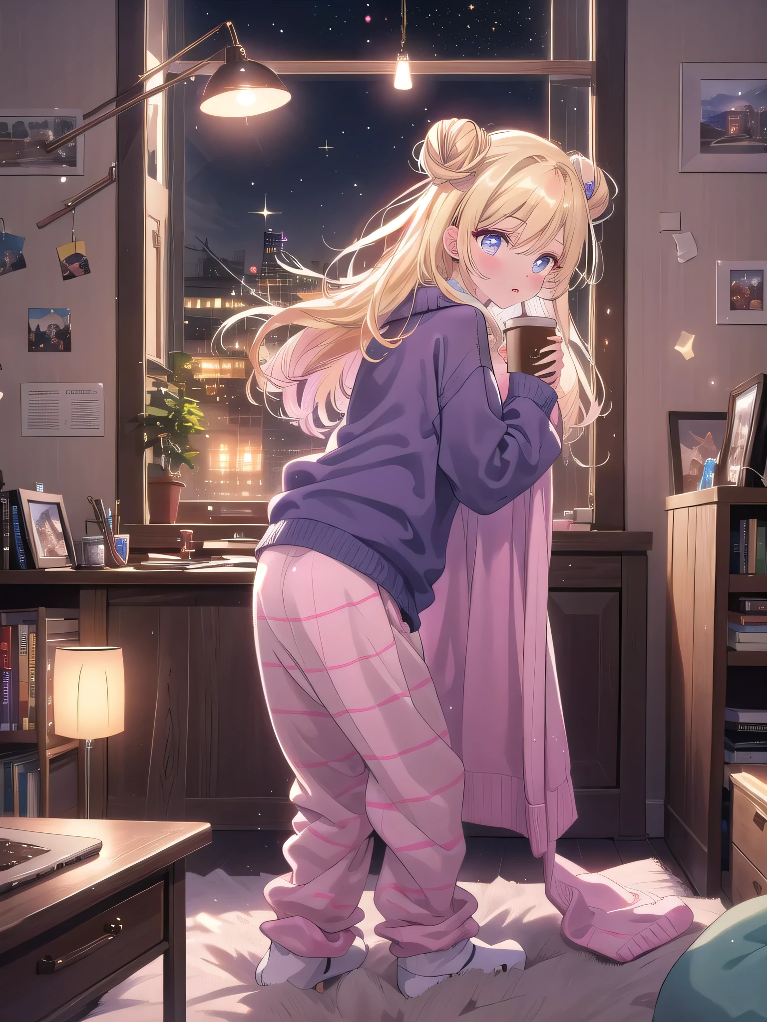 ((8k, Highest quality, masterpiece: 1.3)),Ultra-high resolution,(1 girl, alone), (Color changing eyes, Ultra-detailed, Expressive brilliance, Glitter, Glowing Eyes), Highly detailed eyes, Highly detailed face, Random Hair, ((pastel colour)),A relaxed young woman with pastel yellow hair styled into two buns, sitting at her desk in her room during the late evening. She is casually scrolling through a cosplay website on her laptop while enjoying a cup of hot chocolate. She is dressed in a cozy, oversized sweater and pajama pants, representing a casual “day off” cosplay. The camera captures her from a side angle as she leans back in her chair, her expression content and relaxed. Her room is warmly lit by a desk lamp, with posters of her favorite shows and movies on the walls, a bookshelf filled with cosplay magazines, and a few plush toys scattered around, creating a cozy, lived-in feel.
