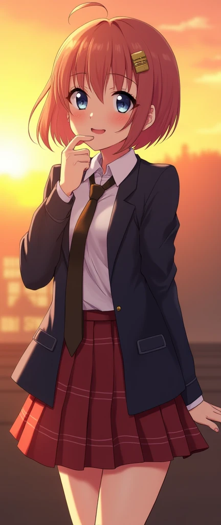 one girl, anime girl, cool, jacket, plaid skirt, necktie, hair clip, smile proudly, slender, sunset, beautiful, boyish, short hair, delicate fingers, naughty