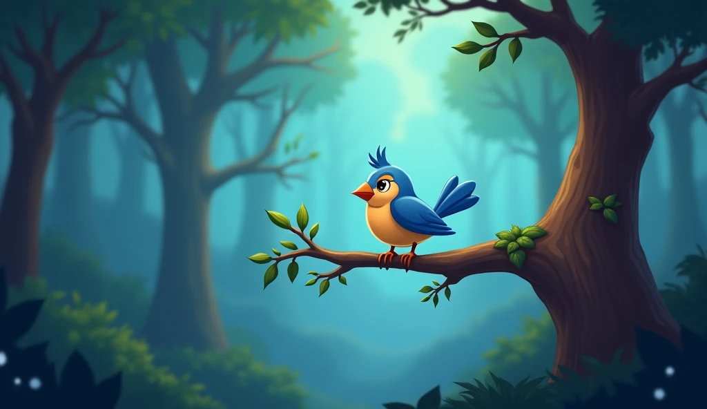 Cartoon bird on a tree branch in sad enchanted forest, bird_Nature, cute anthropomorphic bird, Birdie, Portrait of a bird, blue bird, cute cartoon character, anthropomorphic bird, official art, art of mobile games