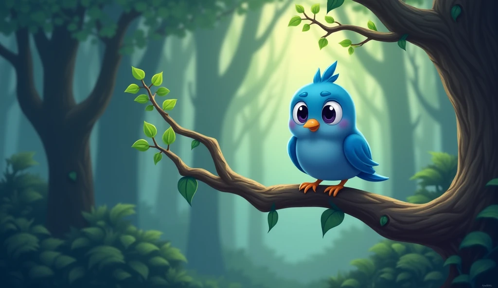 Cartoon bird on a tree branch in sad enchanted forest, bird_Nature, cute anthropomorphic bird, Birdie, Portrait of a bird, blue bird, cute cartoon character, anthropomorphic bird, official art, art of mobile games
