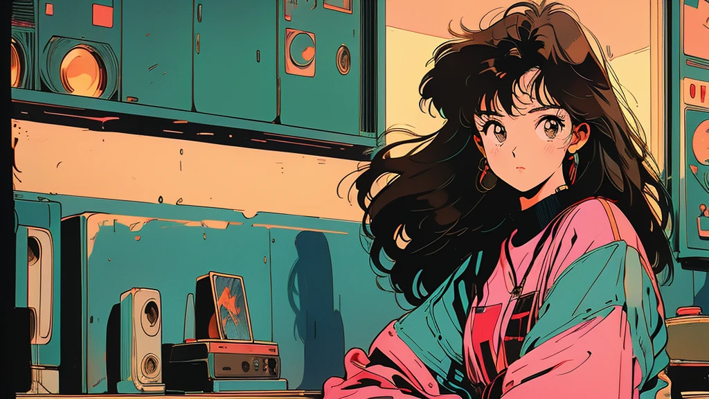 90s city pop vibes。Highest quality。A beautiful woman with long, straight brown hair。The subject is standing alone.。The background is a room with a retro atmosphere.、Records lined up。listening to music on a cassette tape。Earphones in the ears。