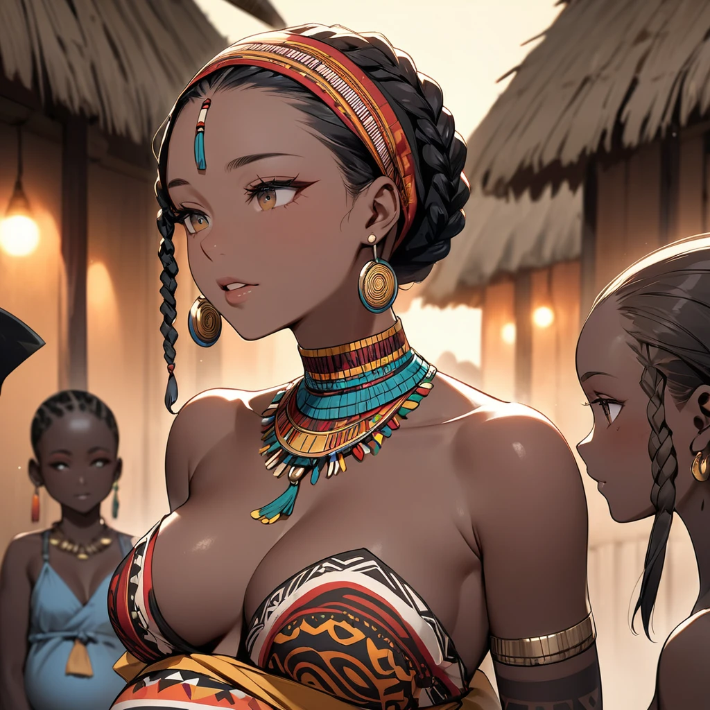 ((Highest quality)), ((masterpiece)), (detailed), （Perfect Face）、The woman has bright black skin、（Ghana braids with strong curly hair slicked back）、Black, dark skinned, African native tribal woman、The amount of hair is small、Light brown hair、Very short curly hair、Ghana braid hair, finely and delicately braided into Ghana braids and slicked back、Her hair is braided and thin, and she wears a tribal headdress and a tribal headscarf.、African black woman beautifully dressed in tribal clothing, tribal earrings and tribal accessories, wearing tribal makeup、A beautiful tribal woman with tattoos all over her body、Women in tribal village night rituals、the woman is pregnant、The woman&#39;s hair is dyed black by the other women in the village and styled like an African woman&#39;s.